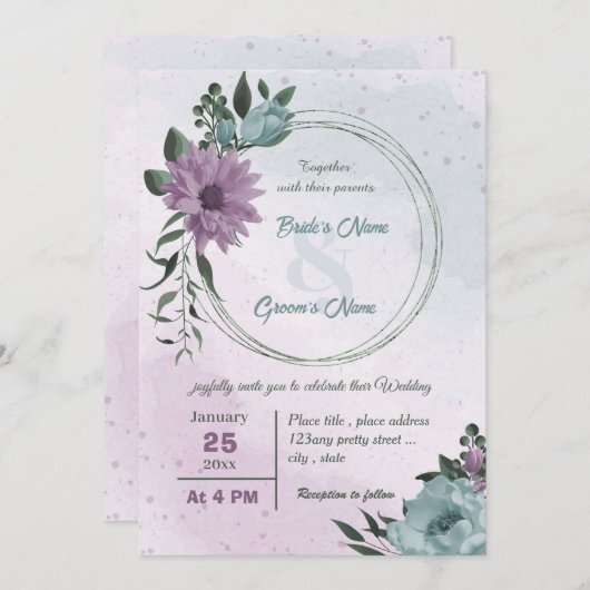 lila Blumen botanische Hochzeit Einladung (Vorne/Hinten)
