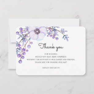 Lila Blumen danke. Botanische Hochzeitsnotiz Einladung
