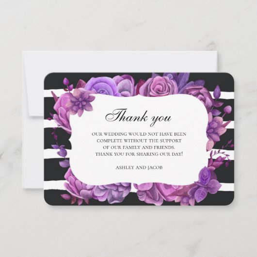 Lila Blumen danke. Florale Hochzeitsnotiz Einladung (Vorderseite)