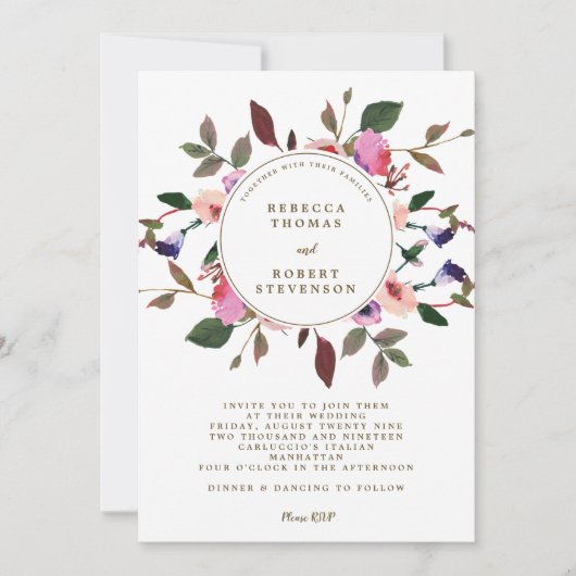 lila Blumen des modernen Hochzeitseinladungs-Rosas Einladung (Vorderseite)