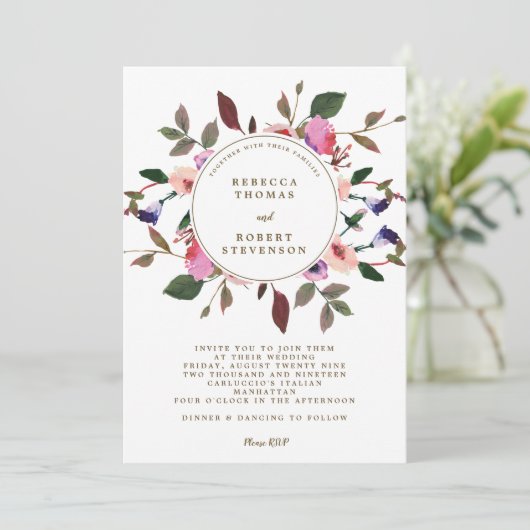 lila Blumen des modernen Hochzeitseinladungs-Rosas Einladung (Stehend Vorderseite)