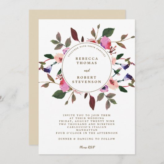 lila Blumen des modernen Hochzeitseinladungs-Rosas Einladung (Vorne/Hinten)