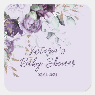 Lila Blumen Elegante individuelle Babydusche Quadratischer Aufkleber