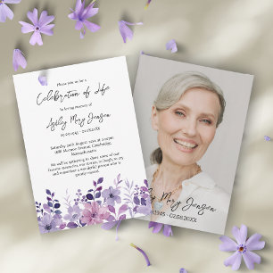 Lila-Blumen-Feier-des-Lebens-Foto-Begräbnis Einladung