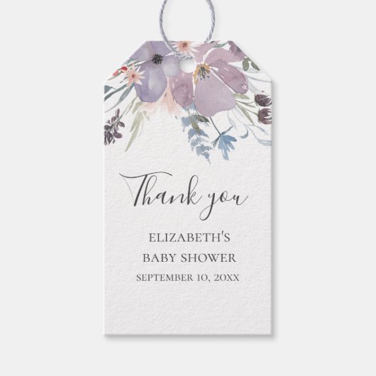 Lila Blumen. Floral baby Dusche danke Geschenkanhänger (Vorderseite)