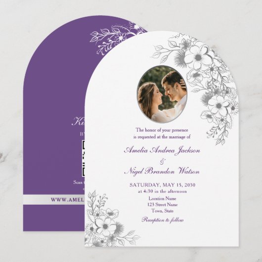 Lila Blumen Foto QR Code Hochzeit Einladung (Vorne/Hinten)