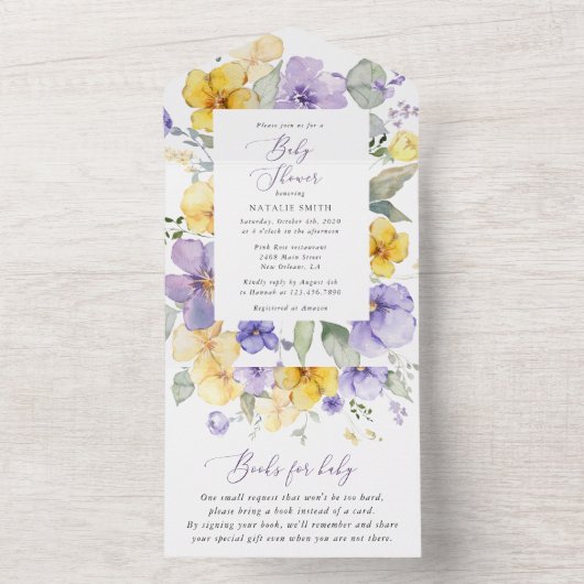 Lila Blumen, gelbe Blumen, Boho, Babydusche All In One Einladung (Innen Boden)