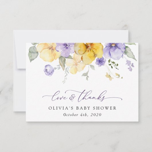 Lila Blumen, gelbe Blumen, Boho, Babydusche Dankeskarte (Vorderseite)