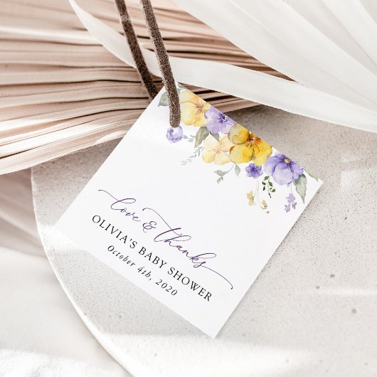 Lila Blumen, gelbe Blumen, Boho, Babydusche Geschenkanhänger