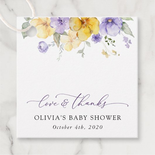 Lila Blumen, gelbe Blumen, Boho, Babydusche Geschenkanhänger (Vorderseite)