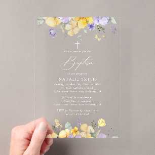Lila Blumen, gelbe Blumen, Boho, Taufe Acryleinladungen