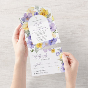 Lila Blumen, gelbe Blumen, Boho, Taufe All In One Einladung