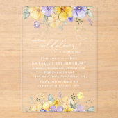 Lila Blumen, gelbe Blumen, erster Geburtstag Acryleinladungen (Vorderseite)