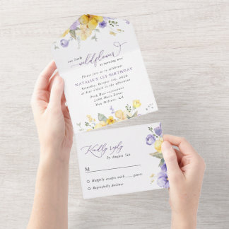 Lila Blumen, gelbe Blumen, erster Geburtstag All In One Einladung