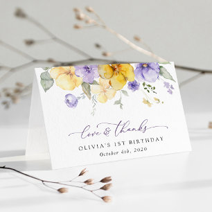 Lila Blumen, gelbe Blumen, erster Geburtstag Dankeskarte