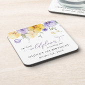 Lila Blumen, gelbe Blumen, erster Geburtstag Getränkeuntersetzer (Linke Seite)