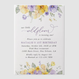 Lila Blumen, gelbe Blumen, erster Geburtstag Pergament Einladungen