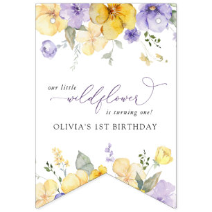 Lila Blumen, gelbe Blumen, erster Geburtstag Wimpelkette