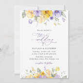 Lila Blumen, gelbe Blumen, Grünpflanzen, Hochzeit Einladung (Vorderseite)