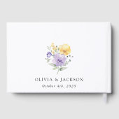 Lila Blumen, gelbe Blumen, Grünpflanzen, Hochzeit Gästebuch (Rückseite)