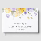 Lila Blumen, gelbe Blumen, Grünpflanzen, Hochzeit Gästebuch (Vorderseite)