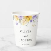 Lila Blumen, gelbe Blumen, Grünpflanzen, Hochzeit Pappbecher (Rückseite)