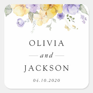 Lila Blumen, gelbe Blumen, Grünpflanzen, Hochzeit Quadratischer Aufkleber