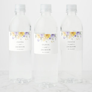 Lila Blumen, gelbe Blumen, Grünpflanzen, Hochzeit Wasserflaschenetikett