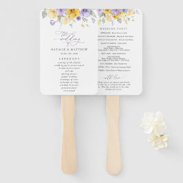 Lila Blumen, gelbe Blumen, Hochzeitsprogramm Fächer
