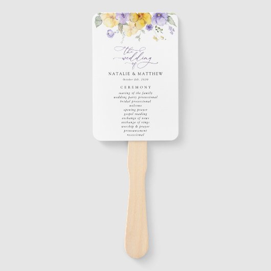 Lila Blumen, gelbe Blumen, Hochzeitsprogramm Fächer (Vorderseite)