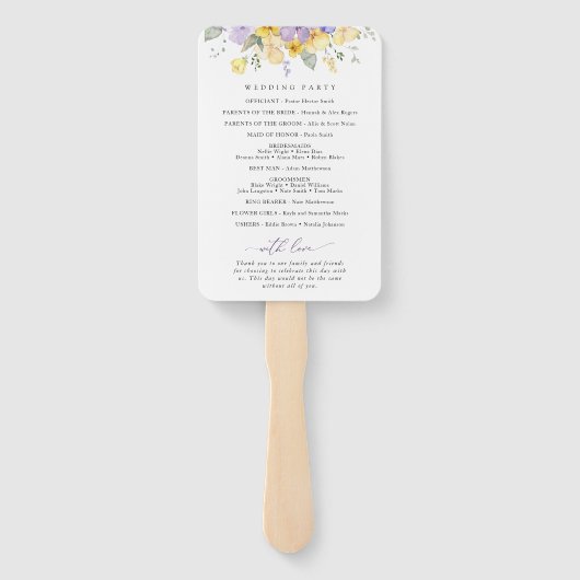 Lila Blumen, gelbe Blumen, Hochzeitsprogramm Fächer (Rückseite)