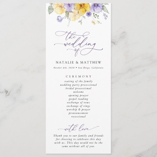Lila Blumen, gelbe Blumen, Hochzeitsprogramm Programm (Vorderseite)