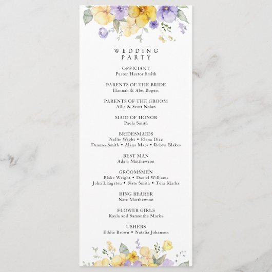 Lila Blumen, gelbe Blumen, Hochzeitsprogramm Programm (Rückseite)