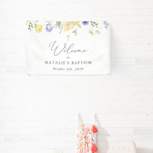 Lila Blumen, gelbe Blumen, Taufe Willkommen Banner