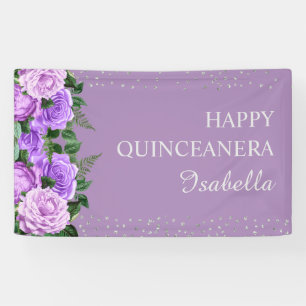 Lila Blumen Glitter Glückliche Quinceañera Name  Banner