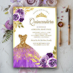 Lila Blumen Glitzerkleid Gold Quinceanera Einladung