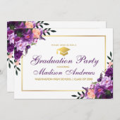 Lila Blumen-Gold-Rahmen-Graduierungsparty Einladun Einladung (Vorne/Hinten)