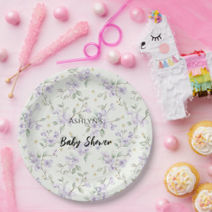 Lila Blumen Goldene Sterne Monde Baby Shower Pappteller
