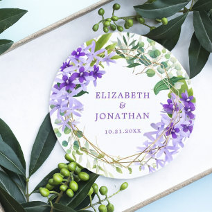 Lila Blumen-Goldrahmen-Hochzeit Runder Pappuntersetzer