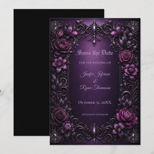 Lila Blumen Gothic Save the Date Einladung (Vorne/Hinten)