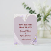 Lila Blumen, Herz, Ringe, Save the Date PCard Ankündigungspostkarte (Stehend Vorderseite)