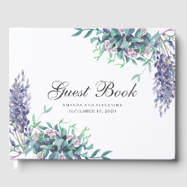 Lila Blumen. Hochzeit im Garten mit Blumen. Lavend Gästebuch