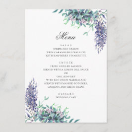 Lila Blumen. Hochzeit im Garten mit Blumen. Lavend Menükarte