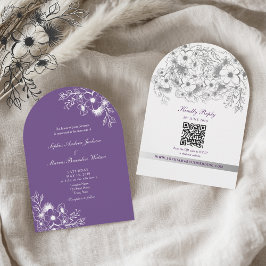 Lila Blumen Hochzeit QR-Code Einladung