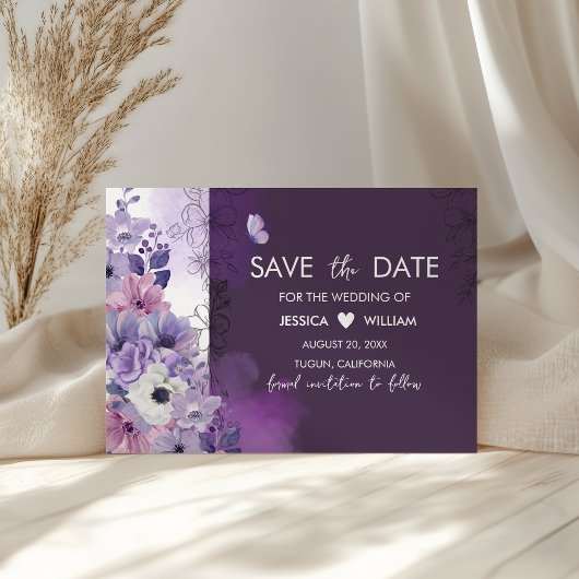 Lila Blumen Hochzeit Save the Date Karte