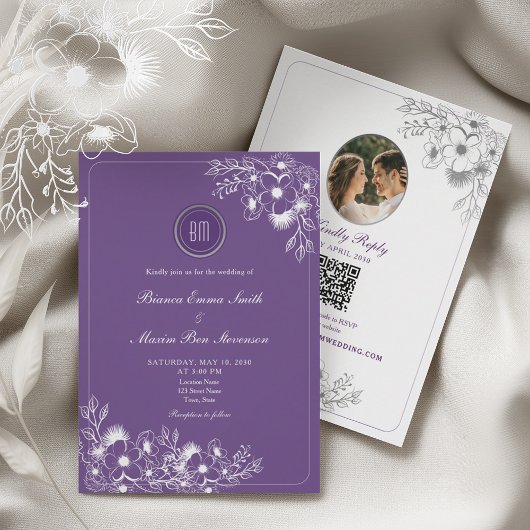 Lila Blumen Hochzeits QR Code Foto Einladung