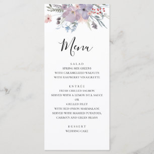 Lila Blumen Hochzeitsmenü. Speisekarte zum Abendes Menükarte