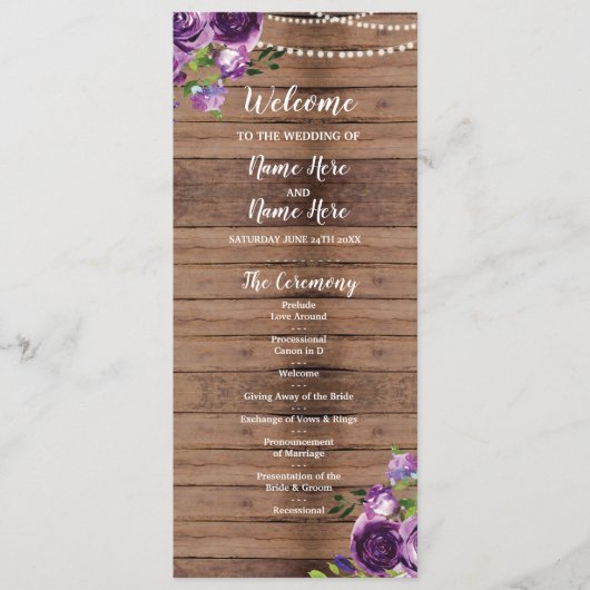 Lila Blumen Hochzeitsprogramm Holz Rustikal Floral Programm (Vorderseite)