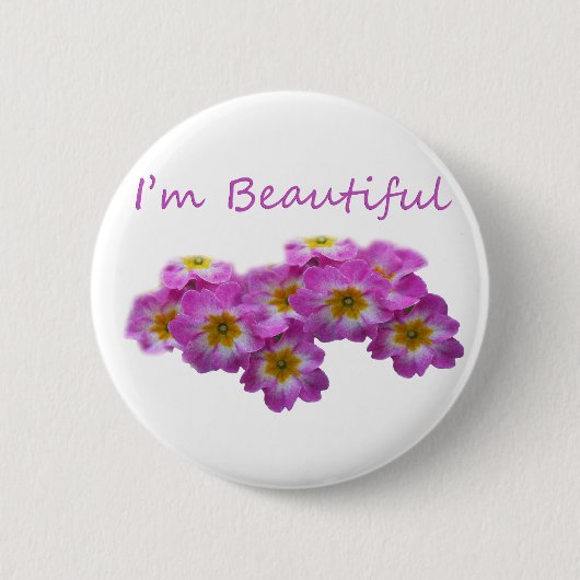 Lila Blumen, ich bin schön Button (Vorderseite)