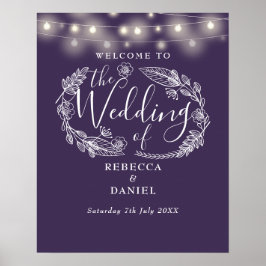 Lila Blumen-Lichterkette Hochzeits-Willkommensschi Poster